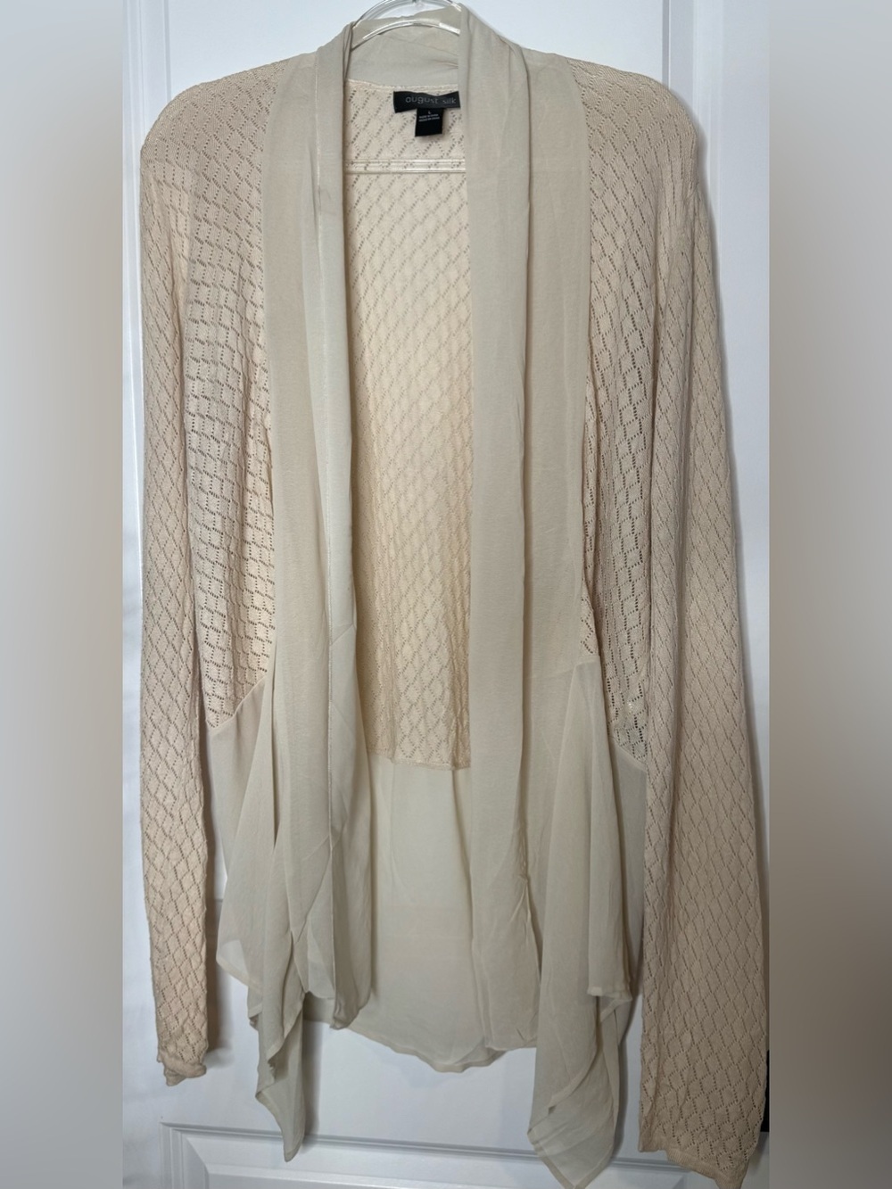 august silk Cream Open-Front Lightweight Knit Sweater sz LG cotton blend